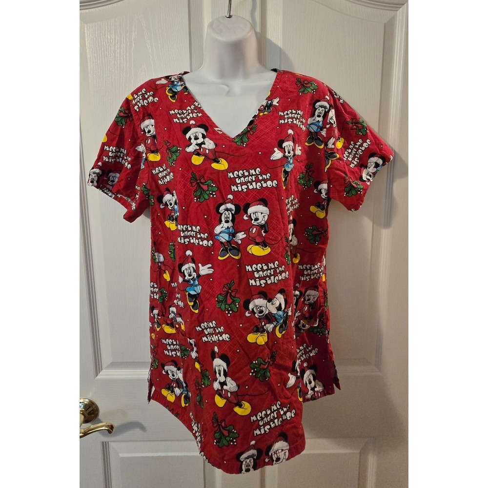 Disney Mickey Mouse Christmas Scrub Top V Neck Short‎ Sleeve Red pockets M /0108